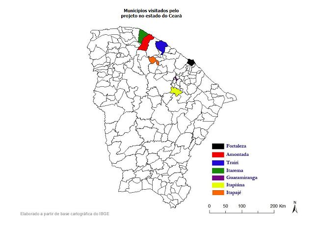 Mapa com os municípios visitados pelo projeto no estado do Ceará
